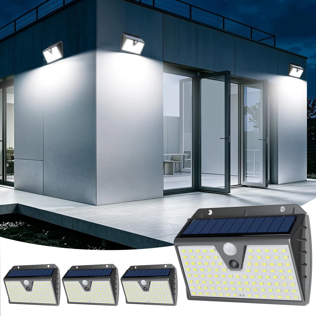 Luz Solar Exterior con Sensor de Movimiento, 4 Paquete/3 Modos IP65 | Batería 1200mAh, Blanco Frío Focos LED Exterior Solares, Lámparas Solares Exterior Jardín para Garaje, Patio