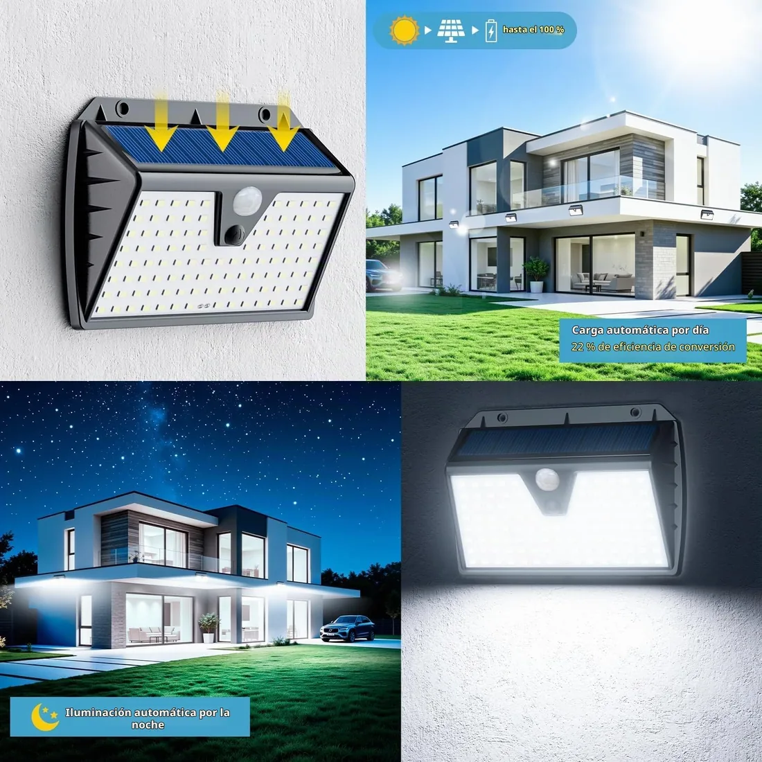 Luz Solar Exterior con Sensor de Movimiento, 4 Paquete/3 Modos IP65 | Batería 1200mAh, Blanco Frío Focos LED Exterior Solares, Lámparas Solares Exterior Jardín para Garaje, Patio foto 2