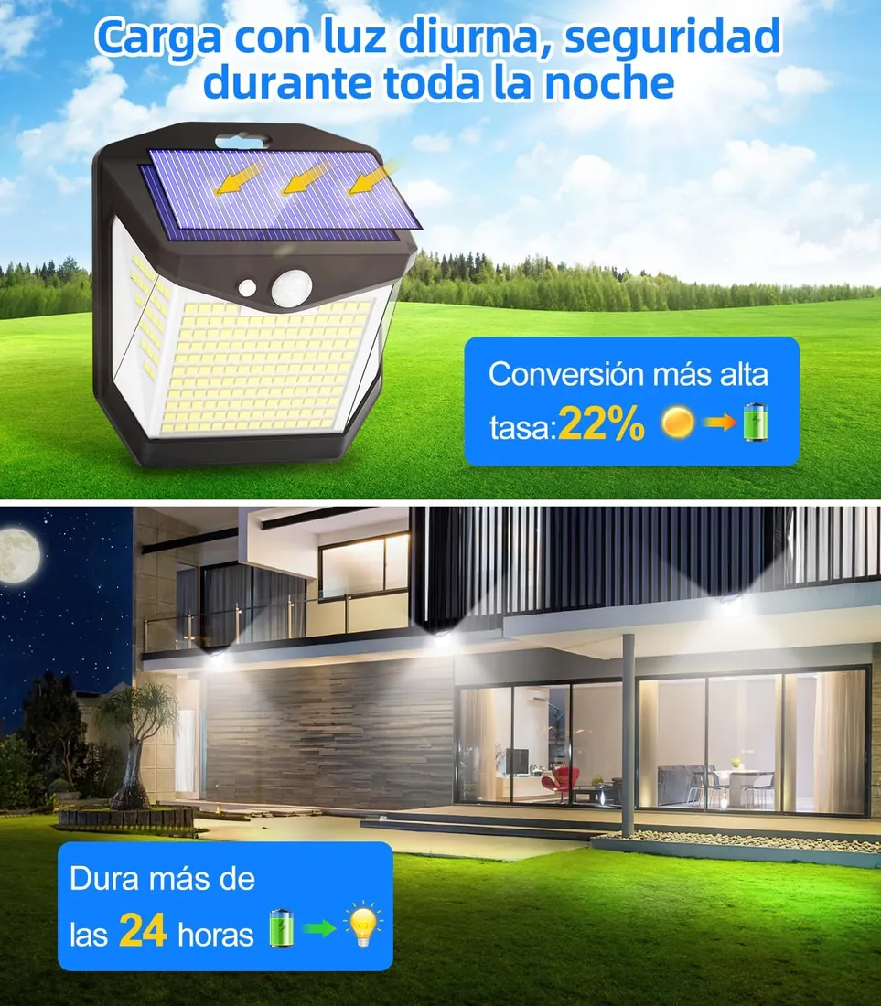 Luz Solar LED Exterior Jardin - 248 LED Luces Solares Sensor de Movimiento | 270° Foco Lampara, IP65 Impermeable, Aplique Potente con Iluminacion Terraza Outdoor Light, Garajes, Porche, Caminos, Balcón foto 2