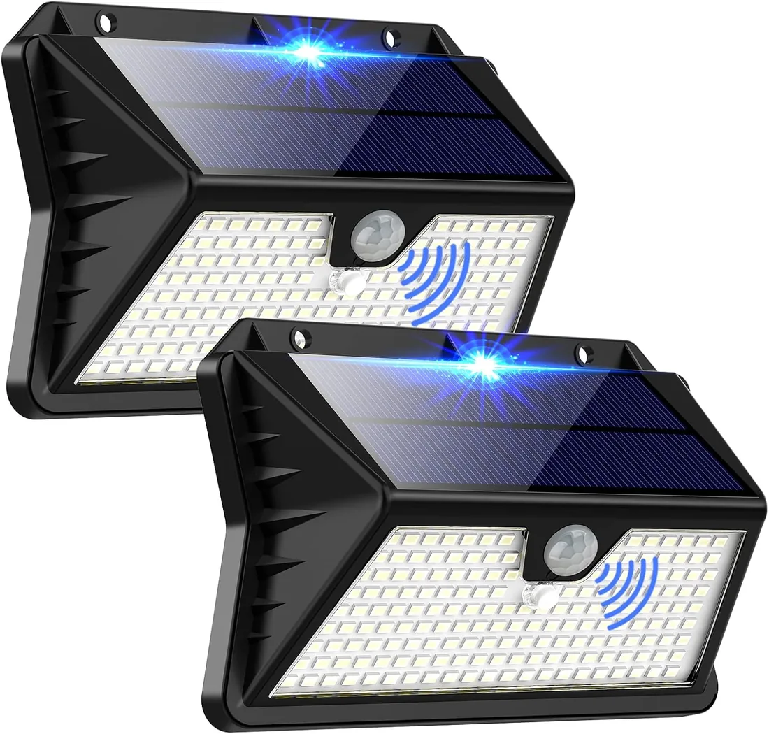OUILA Luz Solar Exterior, 185 LED 3 Modos Luces Solares con Sensor Jardin de Movimiento, Foco Solar Exterior IP65 Impermeable para Jardín, Garaje, Calle, Patio, Puertas(2-Paquete Blanco Frío)
