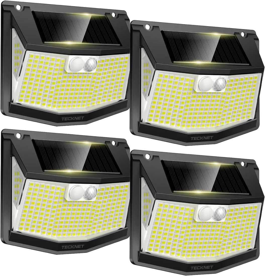 TECKNET Luz Solar Exterior, 248 LED/300° Iluminación Potente, Focos Led Exterior Solares con Sensor de Movimiento, 3 Modes IP66 Impermeable Luces Solares para Jardín, Garaje, Patio, 4 Paquete
