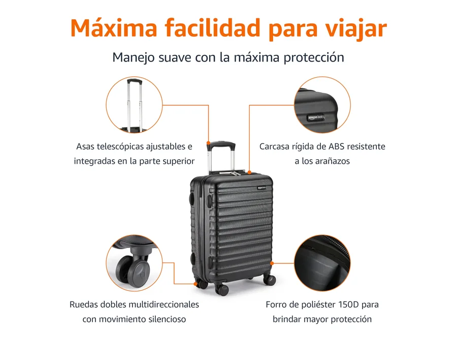 Amazon Basics Maleta de Cabina Rígida - Equipaje de Mano ABS Aprobado para Ryanair - Resistente a Arañazos y Ligera - 55 x 40 x 20cm - Negro foto 2