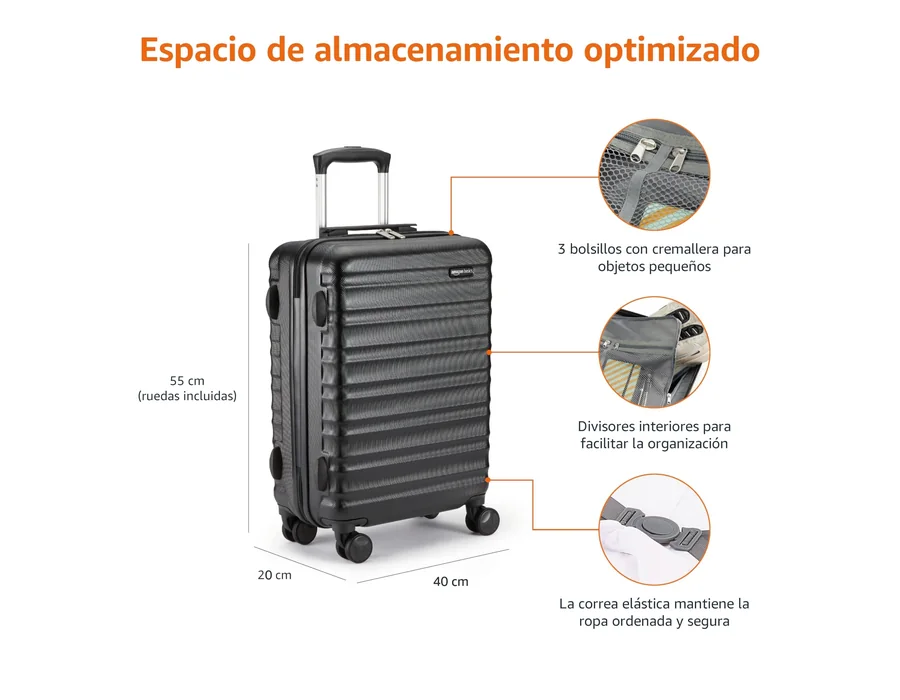 Amazon Basics Maleta de Cabina Rígida - Equipaje de Mano ABS Aprobado para Ryanair - Resistente a Arañazos y Ligera - 55 x 40 x 20cm - Negro foto 3