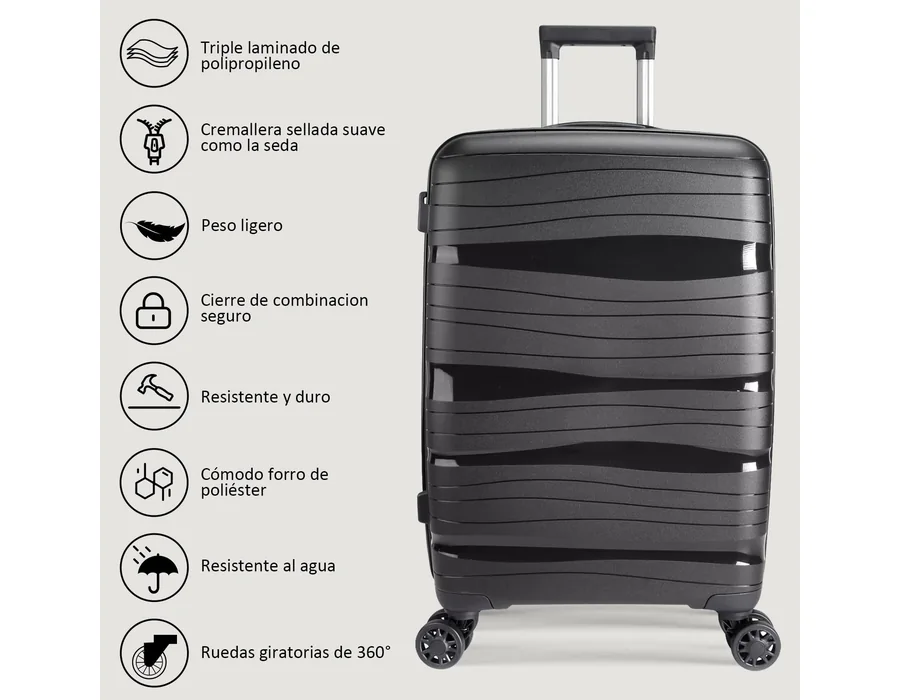Maletas de Viaje Cabina,PP 55x40x20cm- Trolley Rígida Polipropileno con 4 Ruedas Giratorias y Cierre de Combinación - Maleta Cabina Prácticas y Ligeras 40L (Negro) foto 2