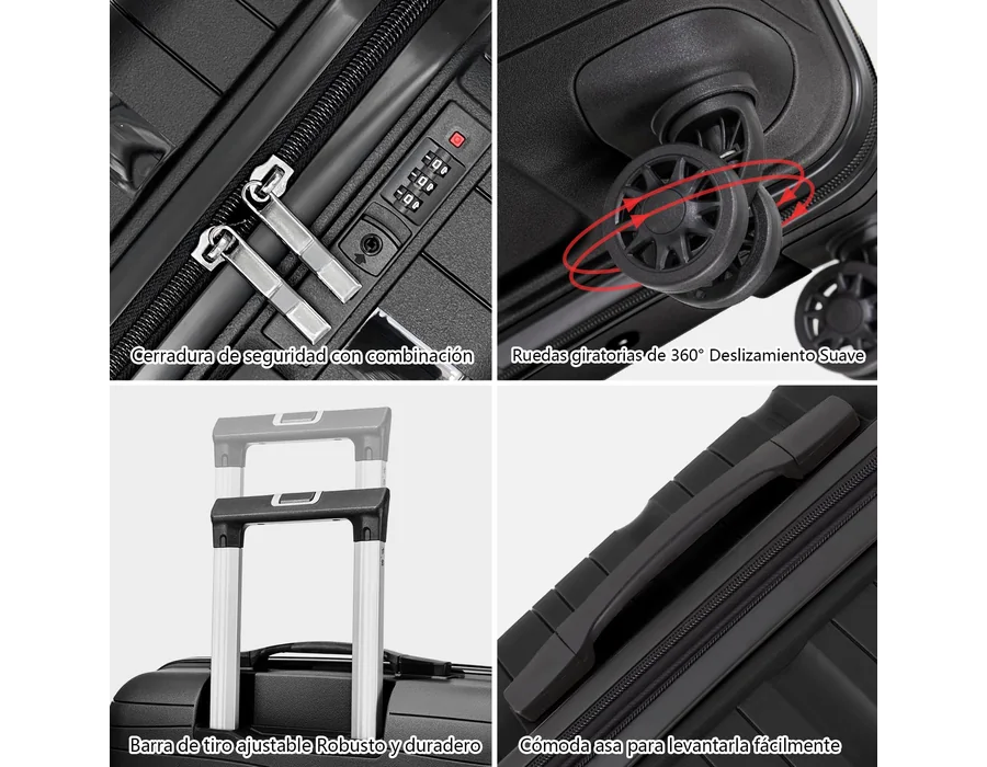 Maletas de Viaje Cabina,PP 55x40x20cm- Trolley Rígida Polipropileno con 4 Ruedas Giratorias y Cierre de Combinación - Maleta Cabina Prácticas y Ligeras 40L (Negro) foto 3