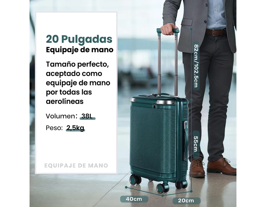 Maleta Cabina ABS, candado TSA, Ruedas Suaves, 55x40x20 cm Compatible con Ryanair, Verde foto 3