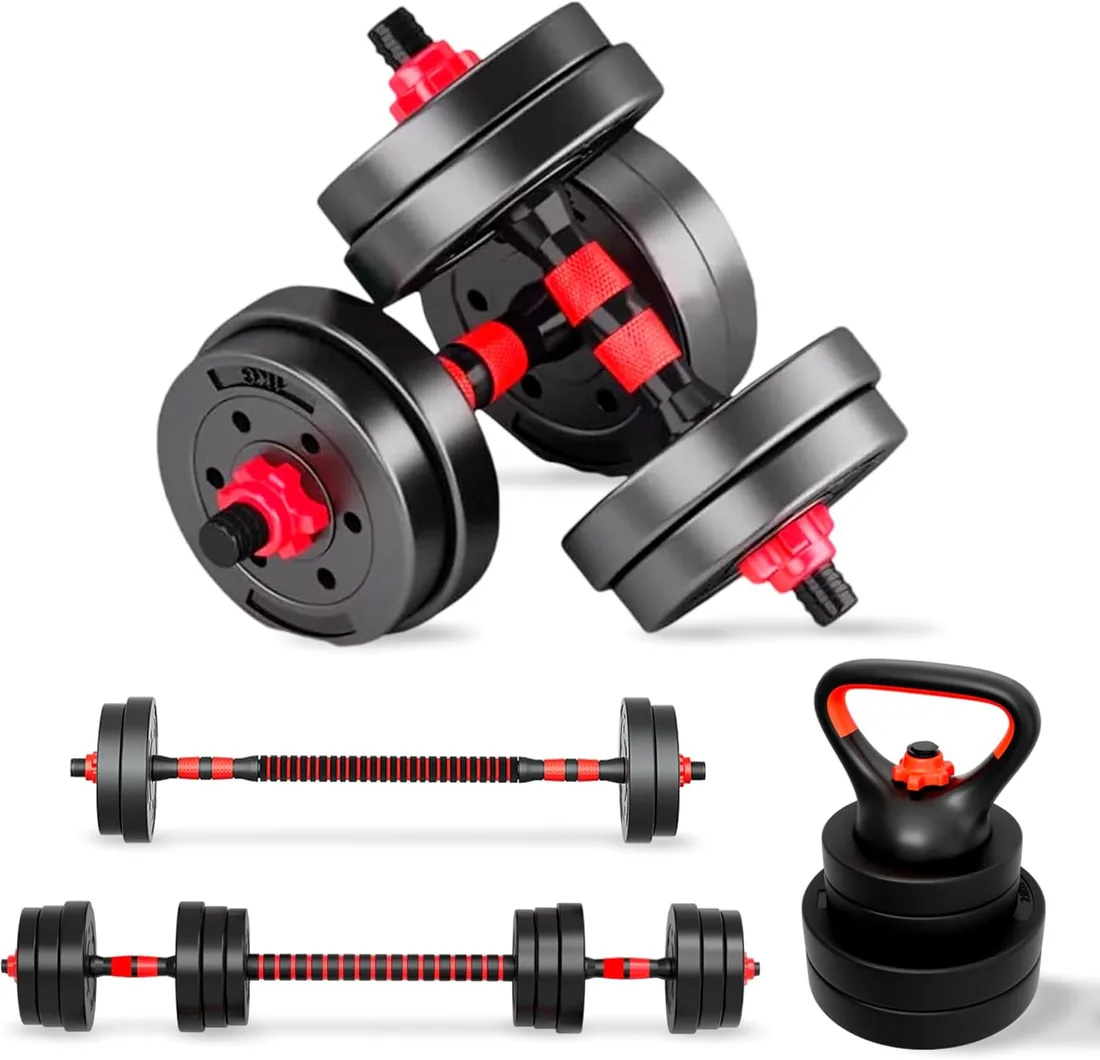 JUPPLIES Juego de Mancuernas Ajustables 2 en 1 | 10kg 20kg 35kg | Kit de Pesas con Barra Recta Ajustable y Antideslizante - Pesas y Mancuernas con Discos Recubiertos