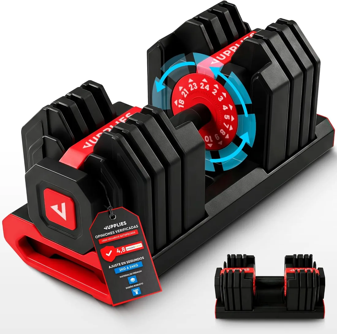 JUPPLIES Mancuerna Ajustable Hasta 24 kg – Pesas Regulables 15 Niveles 2–24 kg con Ajuste Rápido, Bloqueo de Seguridad y Base Antideslizante, Ideal para Entrenamiento en Casa o Gimnasio