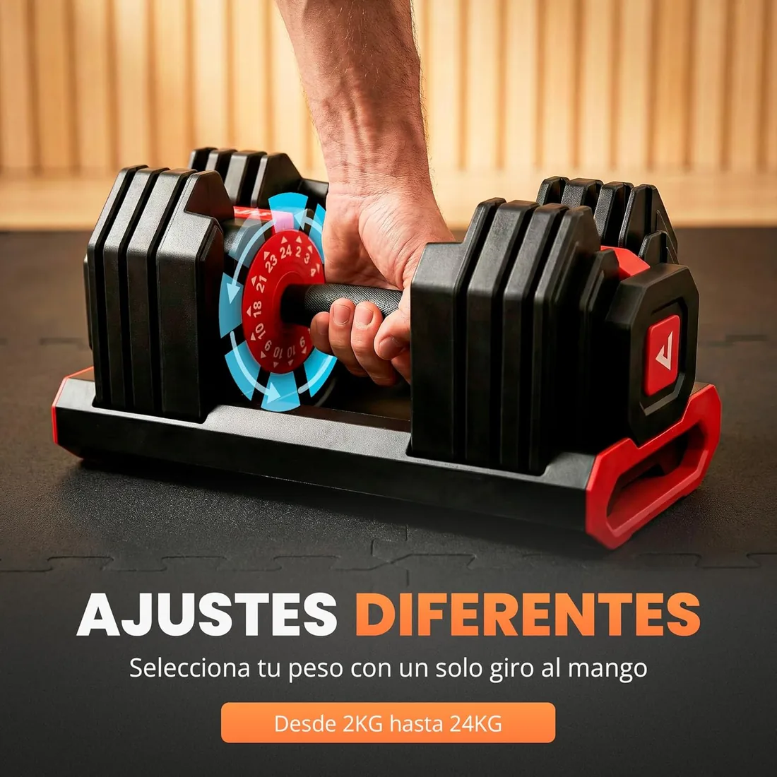 JUPPLIES Mancuerna Ajustable Hasta 24 kg – Pesas Regulables 15 Niveles 2–24 kg con Ajuste Rápido, Bloqueo de Seguridad y Base Antideslizante, Ideal para Entrenamiento en Casa o Gimnasio foto 2