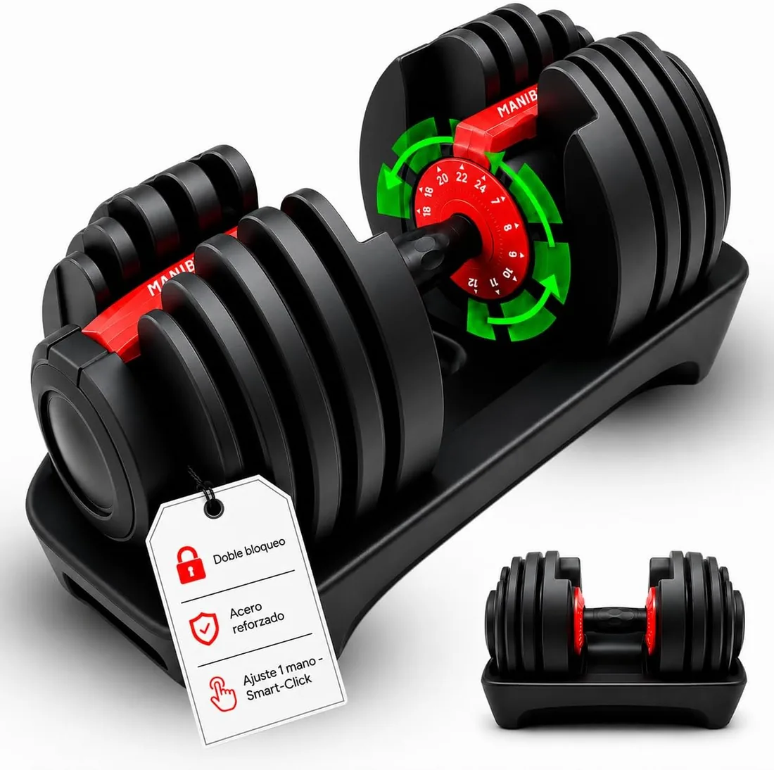 ManiBoom Mancuernas Ajustables 2-24 kg, Mancuernas Regulables 15 en 1, Pesas Ajustables con Ajuste a Una Mano Smart-Click, Discos de Acero Reforzado y Doble Bloqueo, Gimnasio en Casa foto 2