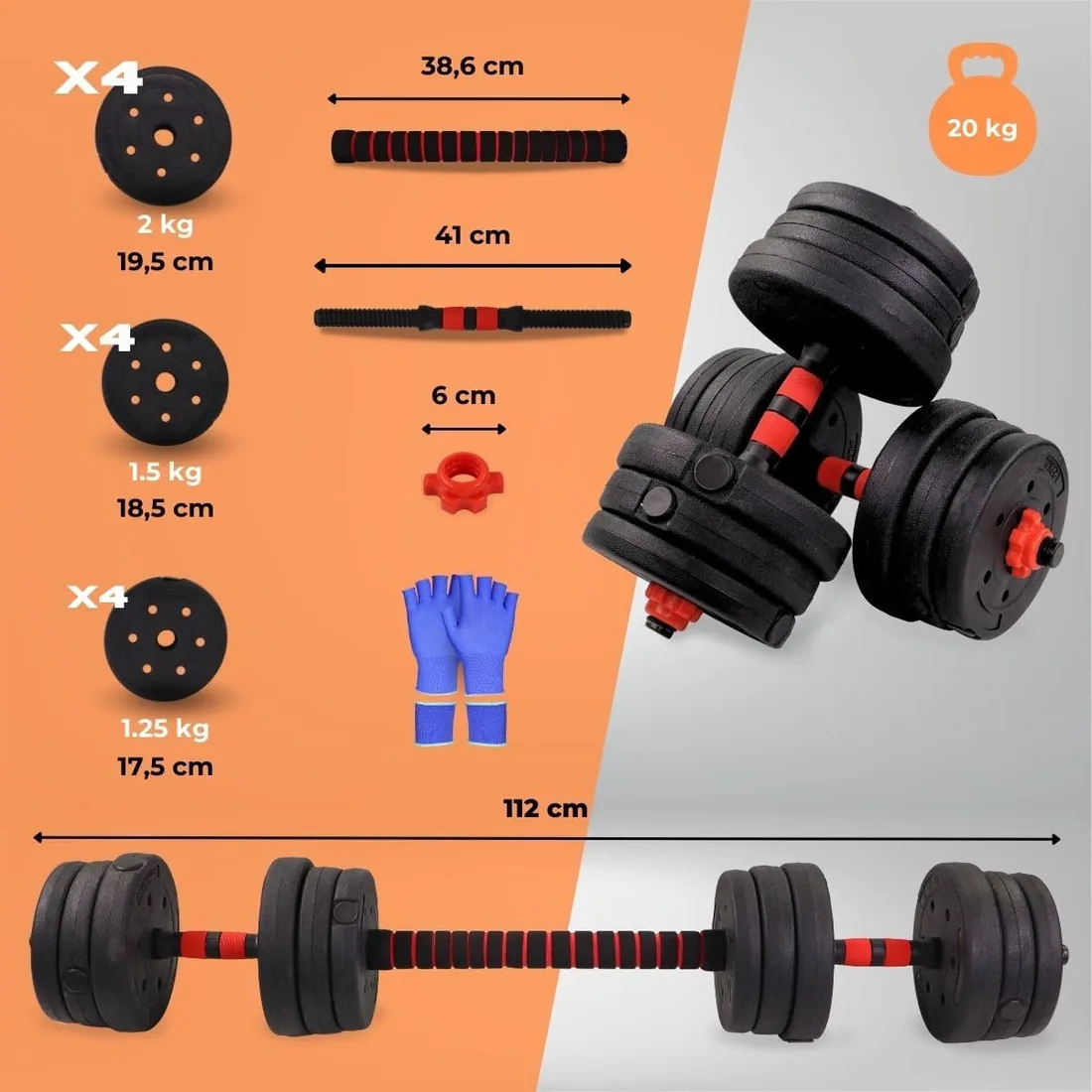 Mobiclinic® , Mancuernas ajustables, 2 en 1, Peso de 2-30 kg, Incluye y barra extensión acolchada, Tuercas antideslizantes, Acero resistente, Gym casa foto 2