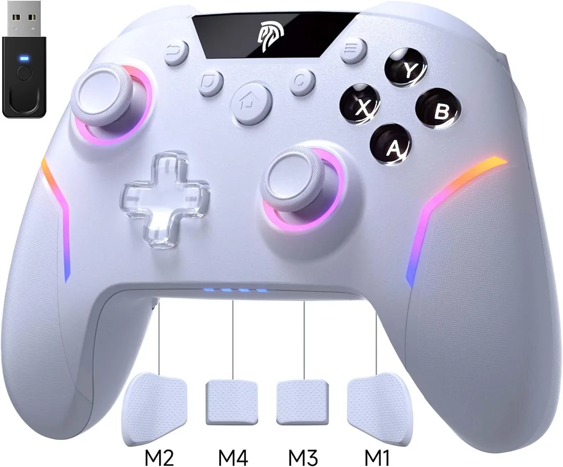 EasySMX X20 Elite Mando PC Inalambrico con Hall Gatillo Conmutable 2 en 1- Hall Joystick Desmontable- Mando para PC con Botones Mecánicos- RGB Luz- 1000mAh Batería para PC/Switch/Móvil- Blanco