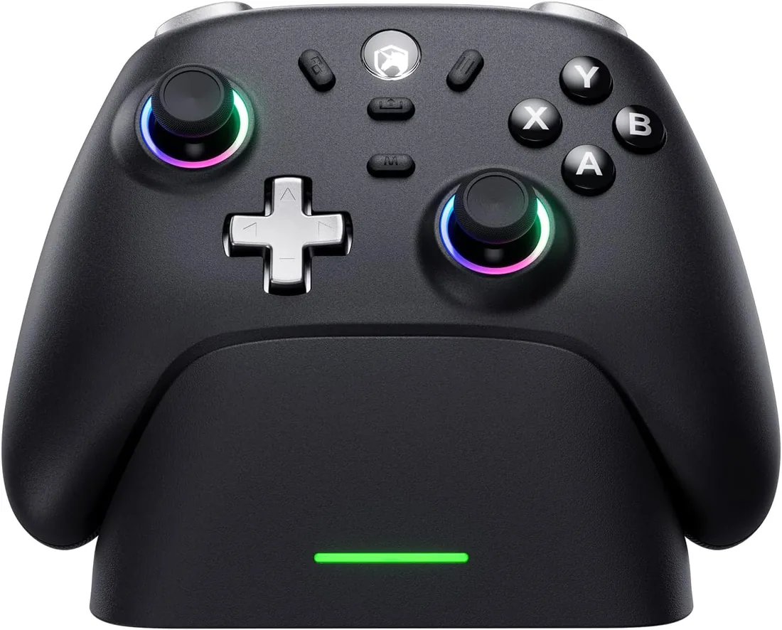 ECHTPower Mando para PC con Base de Carga, 1000Hz Taza, Hall Joystick, 3 Modos-Bluetooth/2.4G Inalámbrcio/Cable, 800mAh Batería, Turbo,Vibración, Mando Gaming con Luces para PC/NS/Swicth 2/iOS/Android foto 2