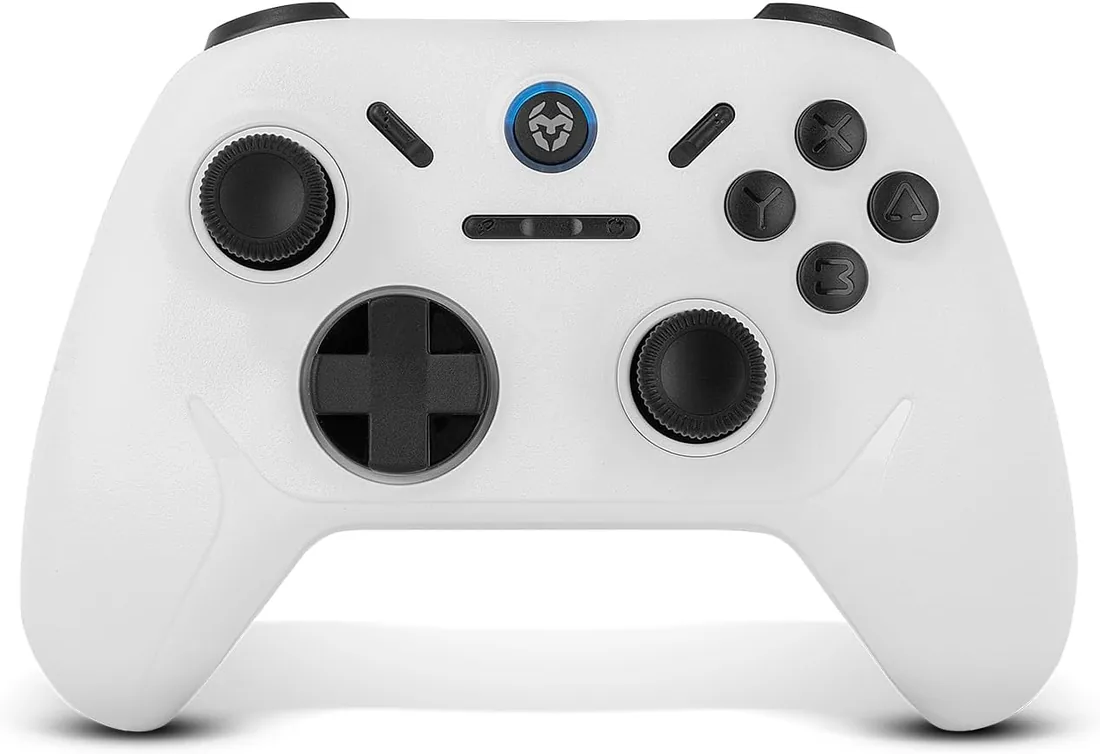 KROM KADOER— Mando Inalámbrico Bluetooth 5.0, 15 Botones, 4 niveles de Vibración dual, 187 gramos, Indicador LED nivel batería, Compatible con PC/Switch/Switch 2/iOS/Android, Blanco