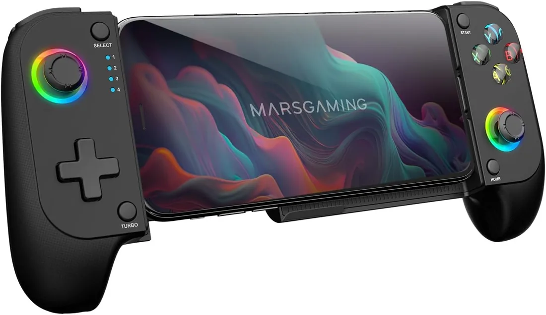 Mars Gaming MGPX, Gamepad Bluetooth 5.0 2en1, RGB Neon, Vibración Dual y Función Turbo, Soporte Smartphone Hasta 6.8", Mando Multifunción Compatible PC, Android, iOS y Consolas, USB-C y Funda, Negro