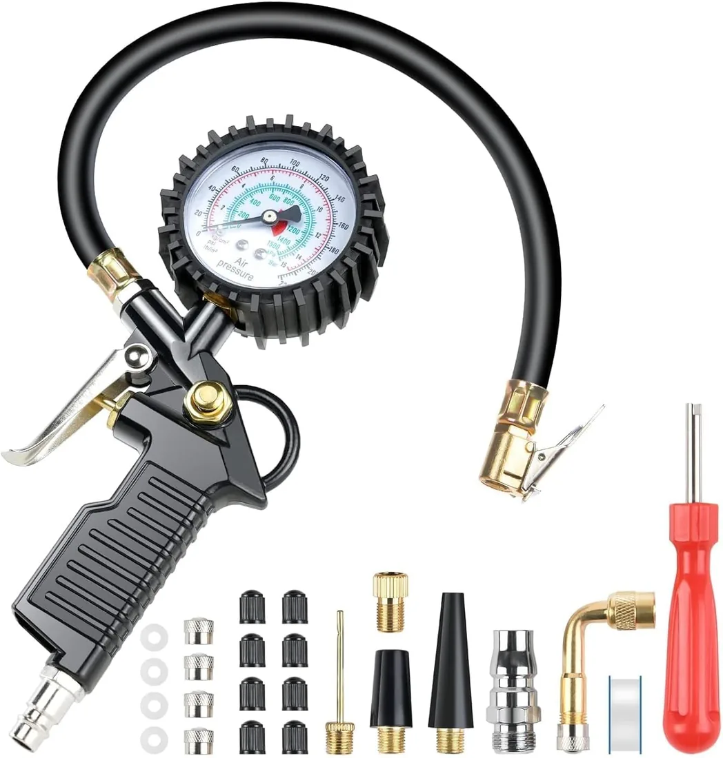 Manómetro Presión Neumáticos 220PSI Pistola de Inflado Compresor Digital Manómetro de Alta Precisión con 25 pcs de Accesorios para Coche Moto Bicicleta Camión y Motocicleta