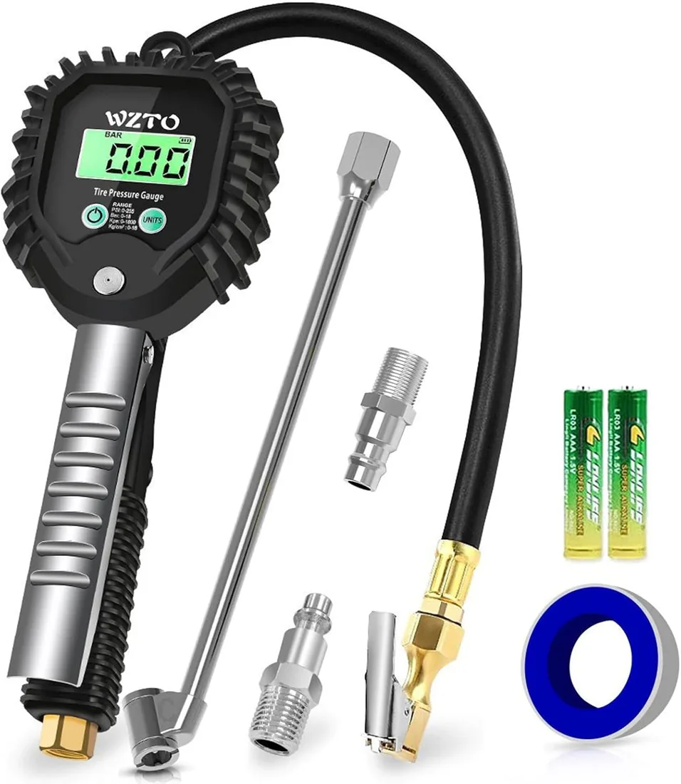 Manometro Presion Neumaticos Digital, 255 PSI Manómetro Digital Inflador Ruedas Coche con Manguera de Goma Manómetro para Coche Moto Bicicleta y Camión - Garantía de 2 Años