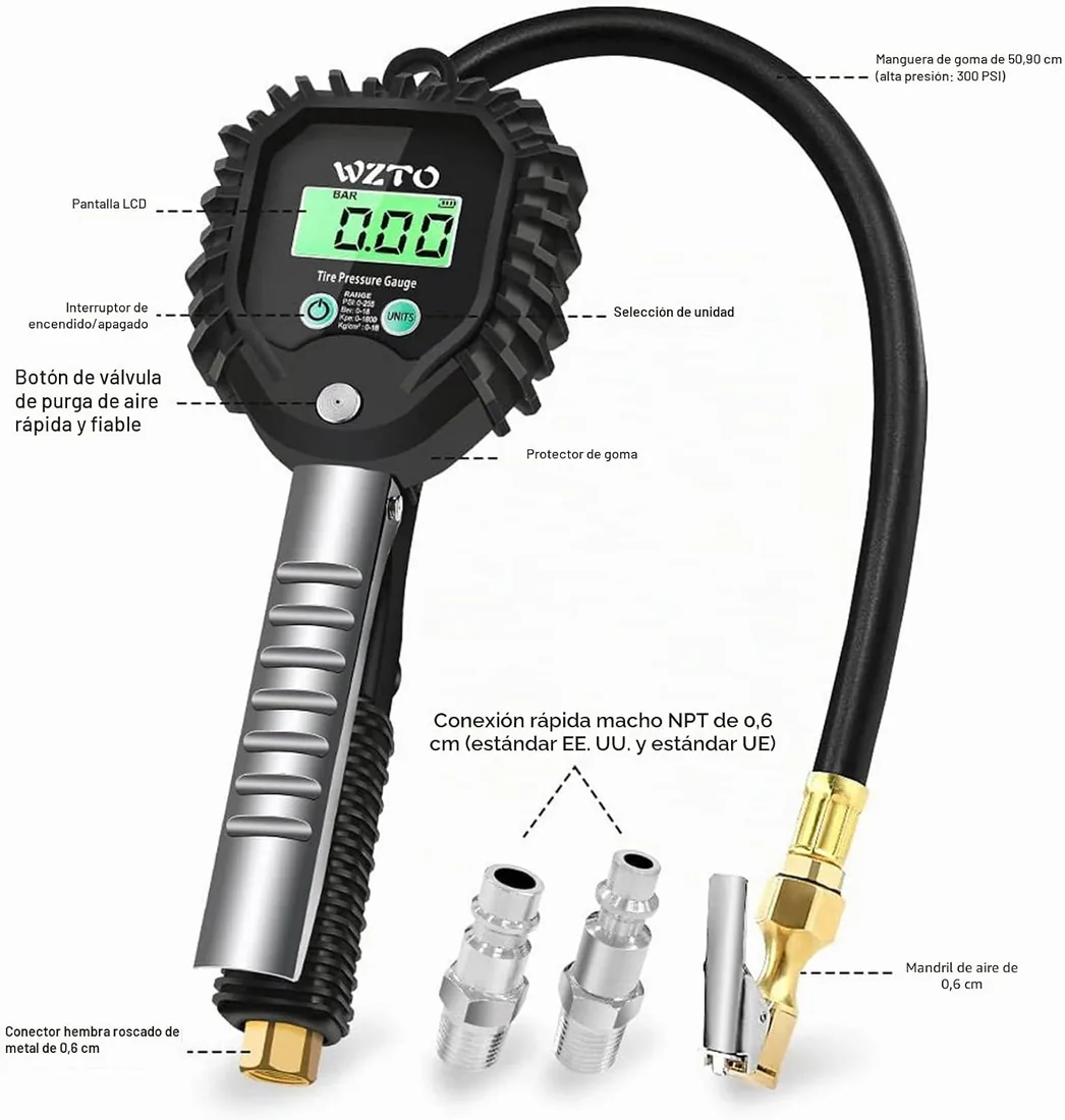 Manometro Presion Neumaticos Digital, 255 PSI Manómetro Digital Inflador Ruedas Coche con Manguera de Goma Manómetro para Coche Moto Bicicleta y Camión - Garantía de 2 Años foto 2