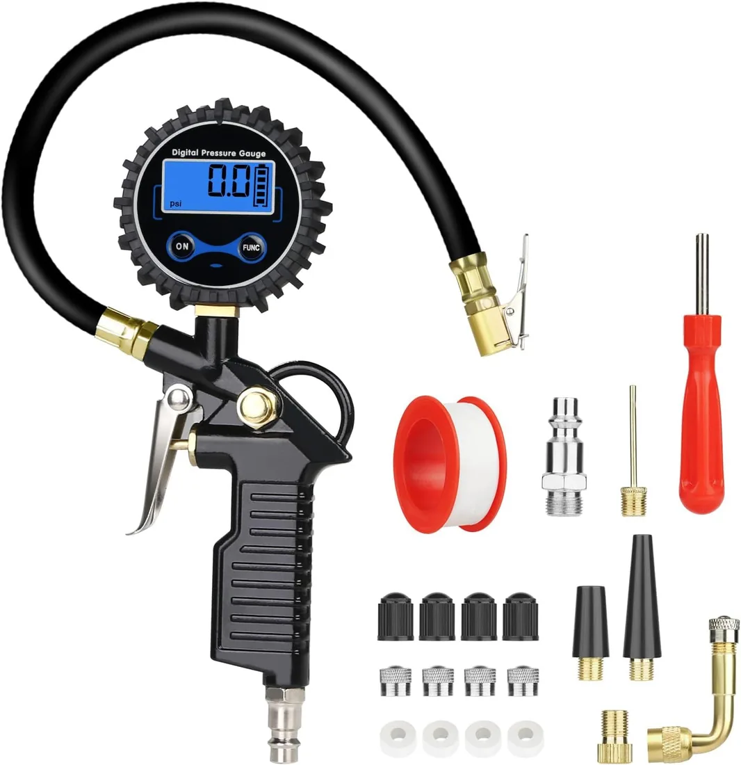 URAQT Medidor de Neumático Digital 220PSI 3 en 1 Digital Manómetro Inflador con Pantalla Digital LCD 4 Unidades de Medida y Múlti Accesorios para Coche Moto Bcicleta y Camión