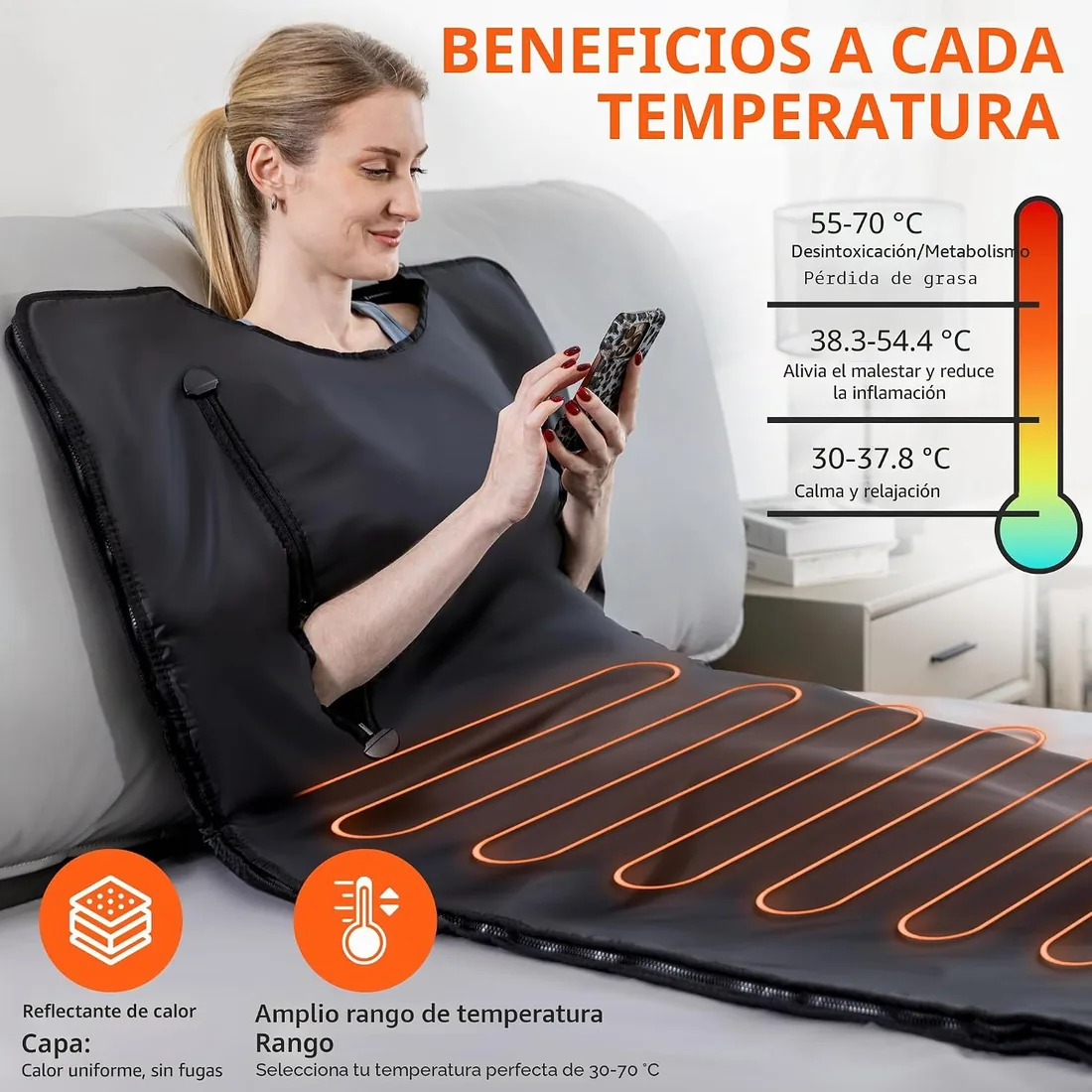 Manta de Sauna infrarroja, Manta de Sauna portátil para | Tela Oxford impermeable de baja EMF, temporizador de 1 a 60 minutos, apagado automático, 5 envolturas y bolsa foto 3