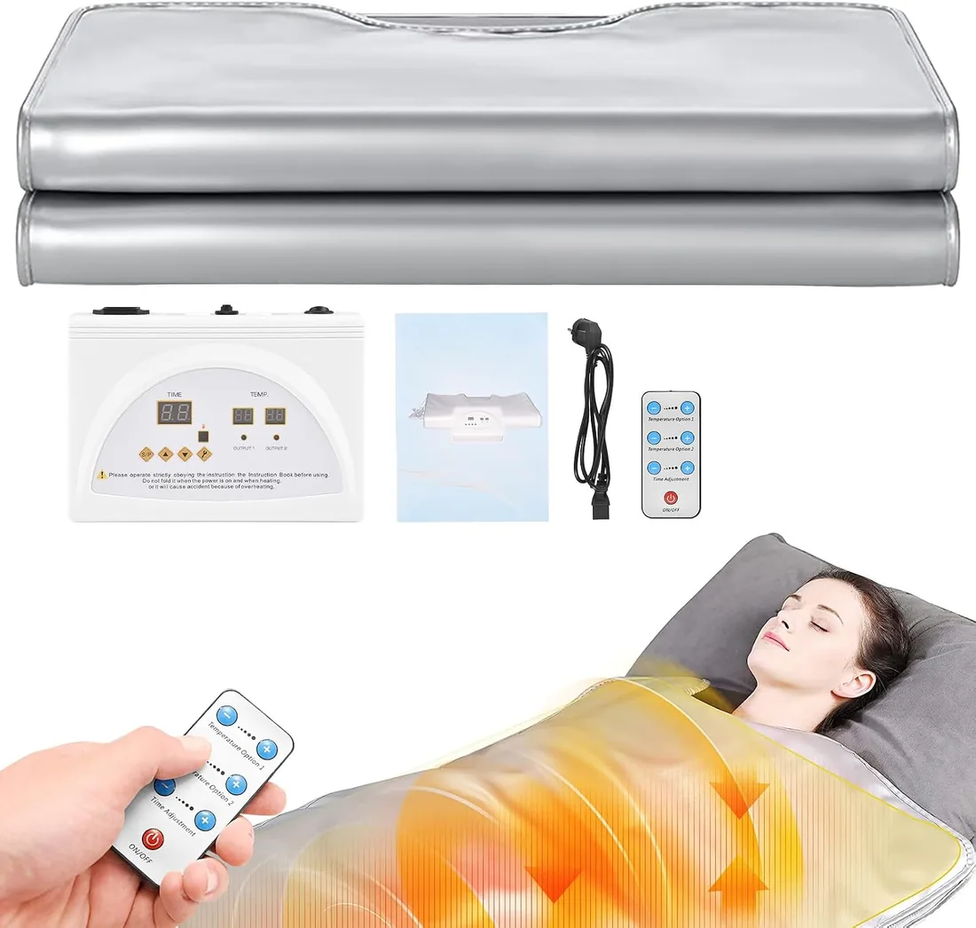 Manta Sauna Infrarroja 2 Zonas, Manta de Terapia Térmica Infrarroja Lejana Profesional Portátil para Spa en Casa, Desintoxicación, Fitness, Belleza