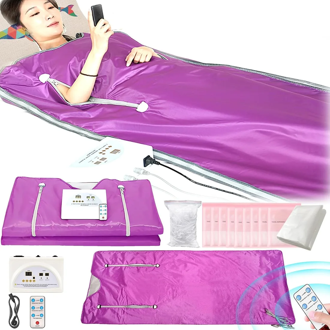 Manta Sauna Infrarrojos, Manta Sauna Infrarrojos 2 Zonas Con Cremallera 100 Gorros Ducha 10 Bolsas Baño Terapia Desintoxicación Sauna Manta Sauna Oxford Portátil Manta Calefactable Con Control Remoto