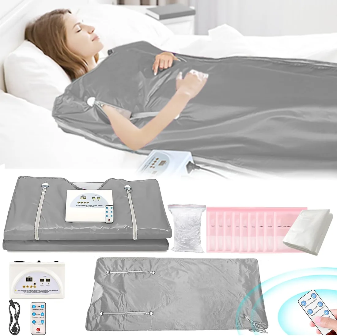 Manta Sauna Infrarrojos, Manta Sauna Infrarrojos 2 Zonas Con Cremallera 100 Gorros Ducha 10 Bolsas Baño Terapia Desintoxicación Sauna Manta Sauna Oxford Portátil Manta Calefactable con Control Remoto