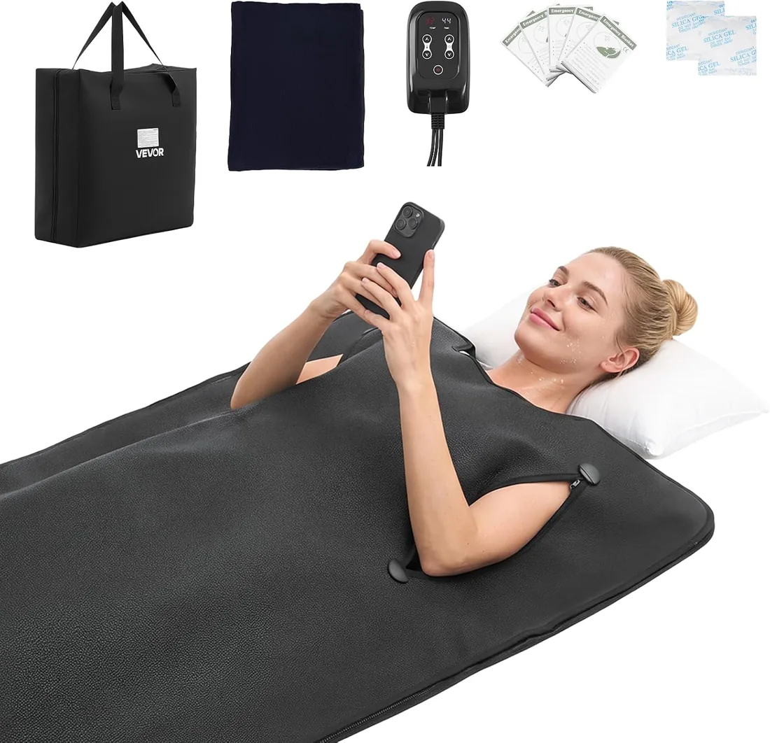 VEVOR Manta de Sauna Infrarroja Portátil de 5 Capas de 180 x 90 cm | para Spa en Casa y Relajación, con Control de Temperatura, Temporizador, Tejido de PU y Aberturas para Brazos Libres, Negro