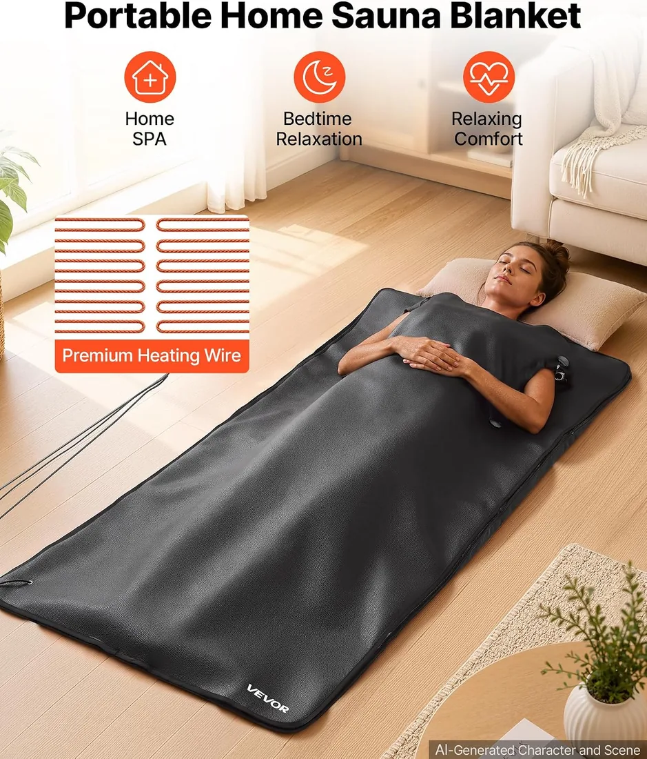 VEVOR Manta de Sauna Infrarroja Portátil de 5 Capas de 180 x 90 cm | para Spa en Casa y Relajación, con Control de Temperatura, Temporizador, Tejido de PU y Aberturas para Brazos Libres, Negro foto 2