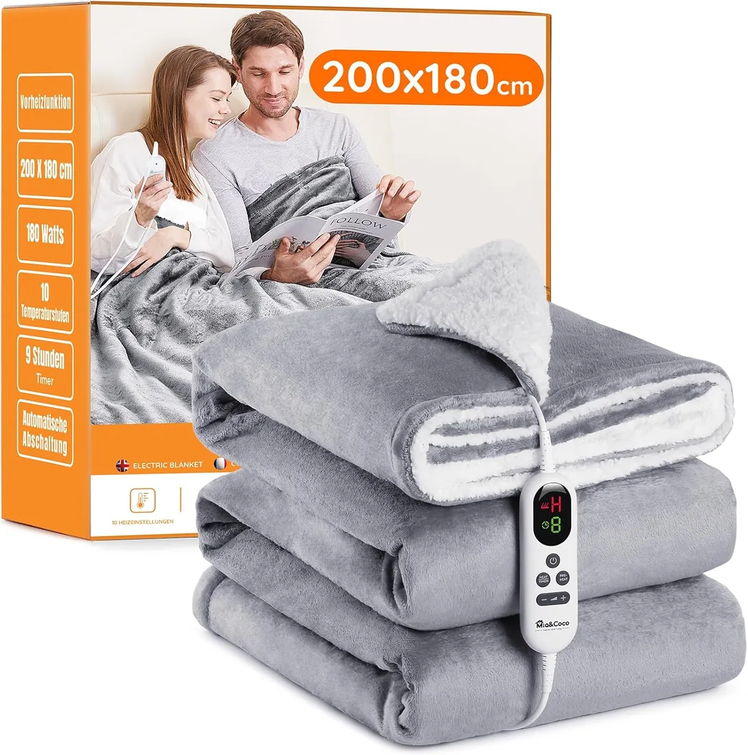 Manta Eléctrica Grande Térmica para Cama 180x200cm 10 Niveles de Calor y Temporizador de Apagado Automático de 1~9 Horas para Protección, Pantalla LED, para Cama Hogar y Oficina, Franela Lavable,Gris