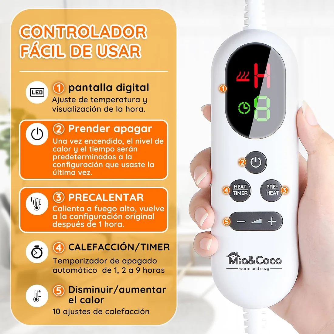 Manta Eléctrica Grande Térmica para Cama 180x200cm 10 Niveles de Calor y Temporizador de Apagado Automático de 1~9 Horas para Protección, Pantalla LED, para Cama Hogar y Oficina, Franela Lavable,Gris foto 2