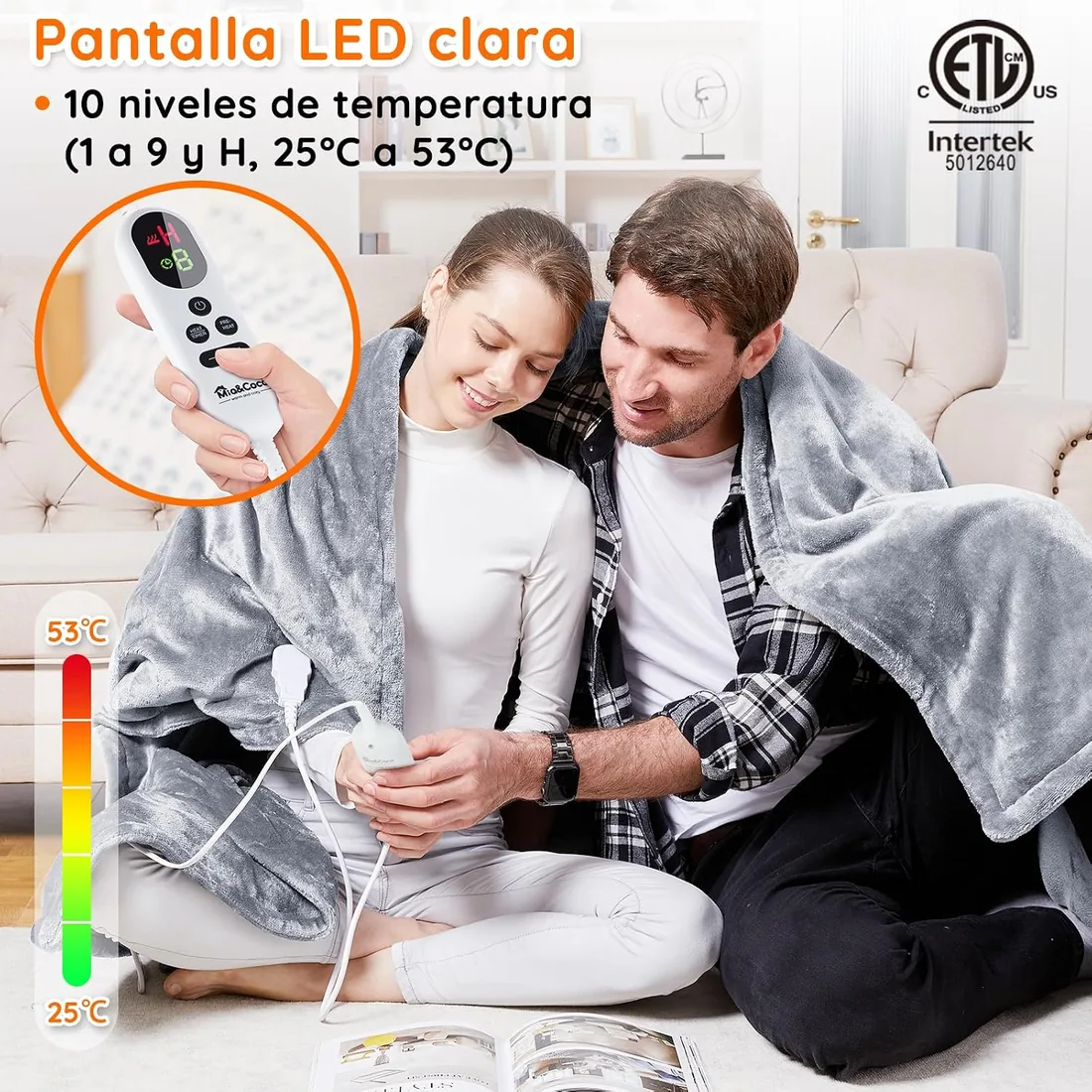 Manta Eléctrica Grande Térmica para Cama 180x200cm 10 Niveles de Calor y Temporizador de Apagado Automático de 1~9 Horas para Protección, Pantalla LED, para Cama Hogar y Oficina, Franela Lavable,Gris foto 3