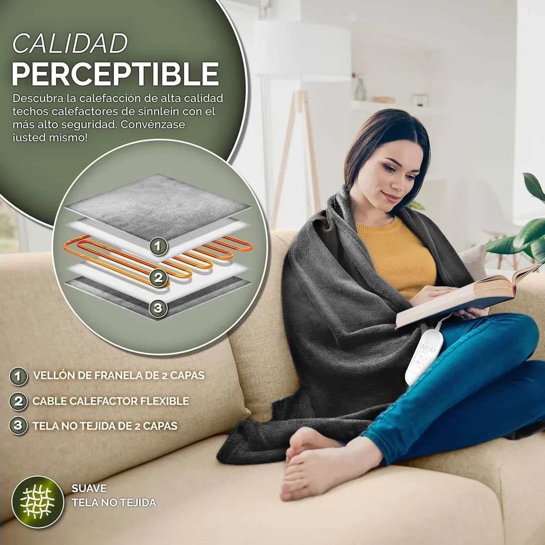 sinnlein® Calienta Camas | Manta Eléctrica 200 x 180 cm Antracita | con Desconexión Automática y Temporizador | 9 Niveles de Temperatura | Pantalla Digital | Lavabale hasta 40°C foto 3