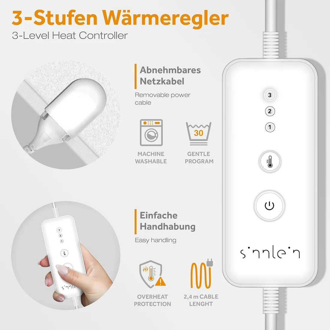 sinnlein® Manta térmica de vellón 190 x 80 cm | Lavable hasta 40°C | Manta eléctrica con desconexión automática | calientacamas | 3 Niveles de Temperatura Ajustables | Pantalla Digital | 60 vatios foto 3