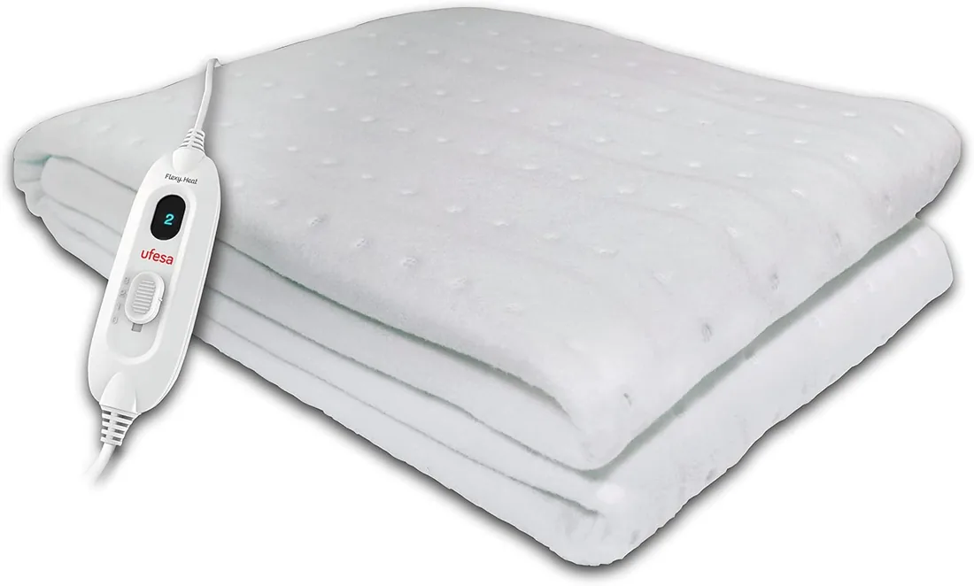Ufesa Flexy Heat CIE Calientacamas Eléctrico Individual, 150x90cm, 60W, Reversible, 3 Niveles de Temperatura, Apagado Automático, Lavable, Manta Térmica, Calefacción de Cama, Blanco