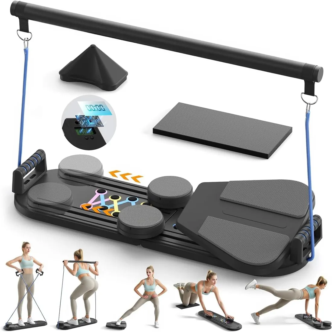 Pilates Reformer 4 en 1 Plegable, con Rodillo Abdominal de Rebote Automático y Contador, Tabla Multifuncional de Entrenamiento con Cuerda de Tensión para Gimnasio en Casa y Cuerpo Completo