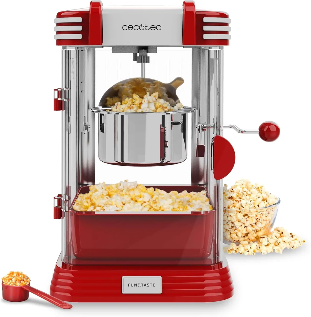 Cecotec Máquina de Palomitas Eléctrica Fun&Taste P´Corn Classic. Palomitero, 300 W, Diseño Retro, Olla de Acero Inoxidable de 500 ml, Bandeja extraíble, Luz Interior, Cuchara dosificadora