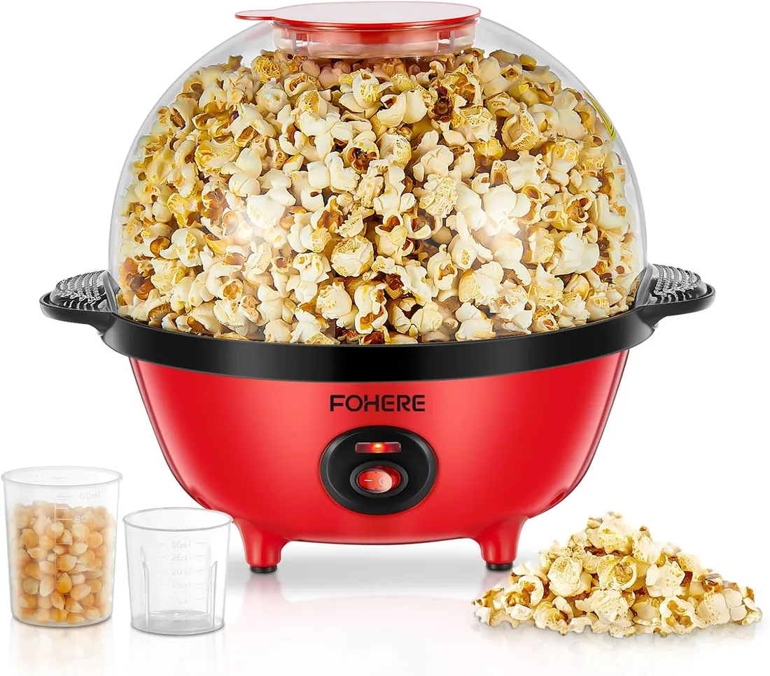 FOHERE 4,5L Palomitero, 700W Maquina Palomitas Incluye 2 Tazas Medidoras | Para Medir Granos de Maíz Azúcar y Aceite, Agitación Automática Electrico Palomitera para las Vacaciones y las Noches de Cine