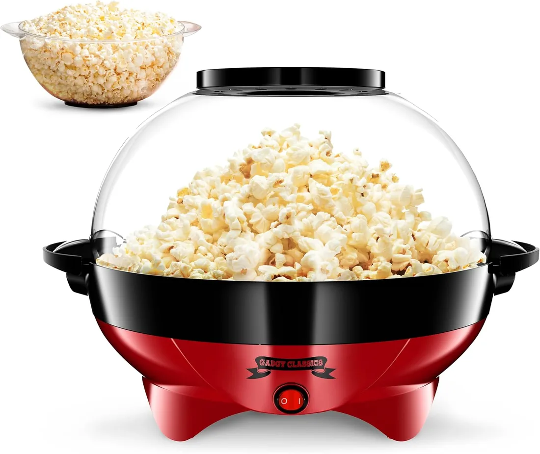 Gadgy Palomitera Retro 5 L 800W Antiadherente Roja | Prepara hasta 5 L de palomitas en 3 minutos con revestimiento antiadherente y placa extraíble