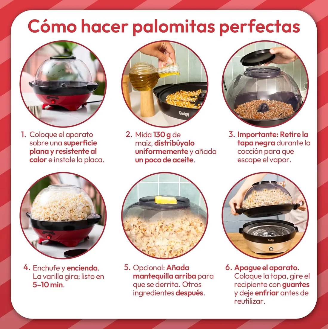 Gadgy Palomitera Retro 5 L 800W Antiadherente Roja | Prepara hasta 5 L de palomitas en 3 minutos con revestimiento antiadherente y placa extraíble foto 3