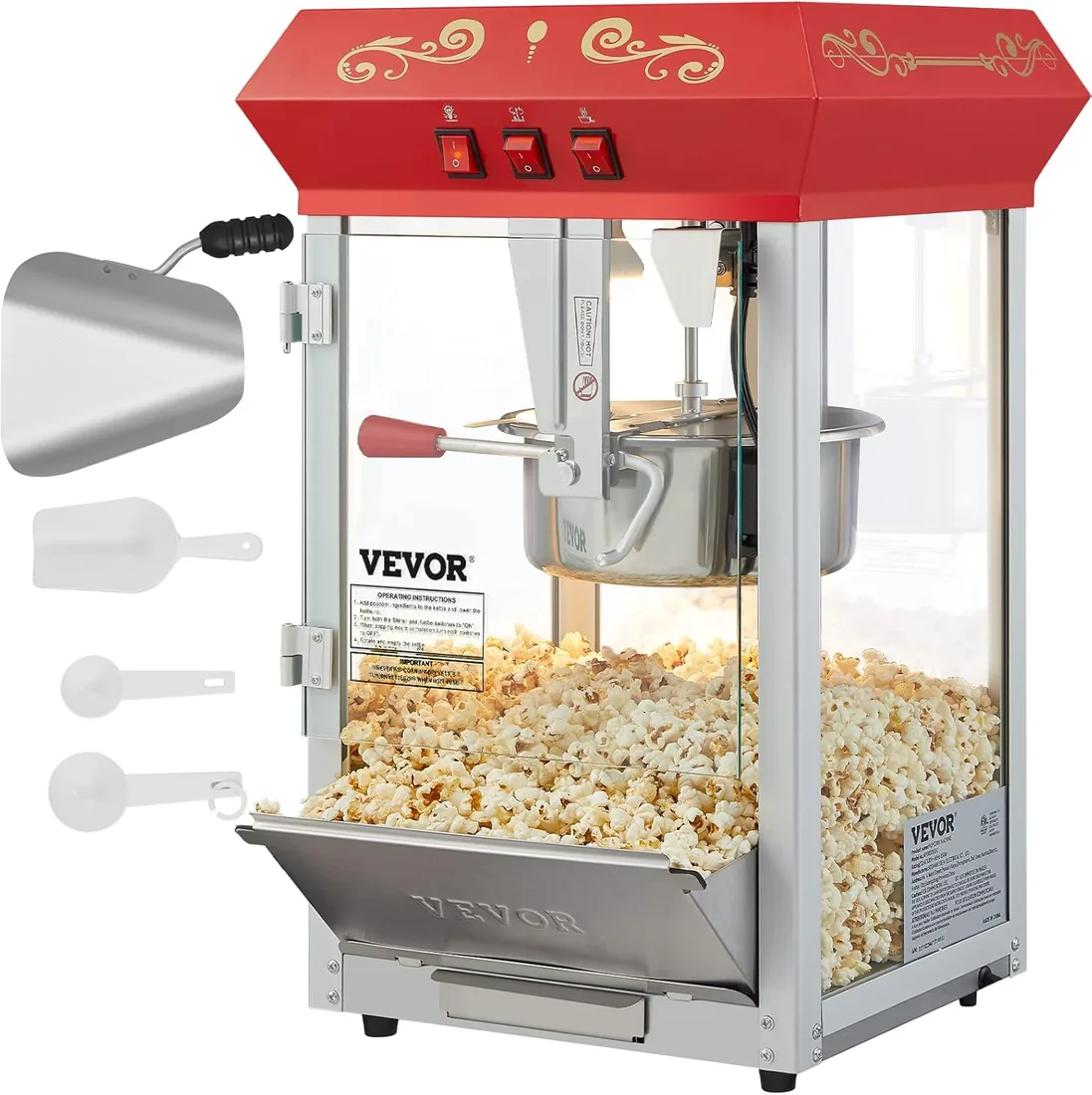 VEVOR Máquina para Hacer Palomitas de Maíz de Encimera, 850 W, 8 oz, 48 Tazas por Lote, con Vidrio Templado, Incluye 4 Cucharas, Estilo Cine, Color Rojo, Alto Rendimiento, 390 x 345 x 610 mm foto 3