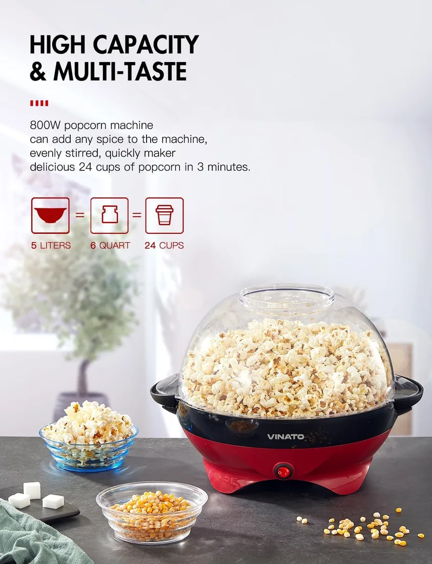VINATO Máquina de Palomitas, Máquina de Hacer Palomitas Grande de 5L para el Hogar, con Revestimiento Antiadherente y Superficie de Calentamiento Extraíble, Popcorn Machine Silenciosa y Rápida foto 2
