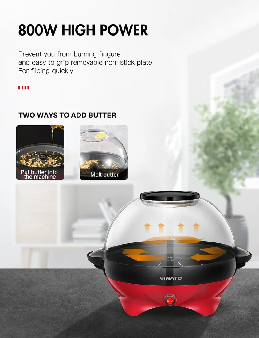 VINATO Máquina de Palomitas, Máquina de Hacer Palomitas Grande de 5L para el Hogar, con Revestimiento Antiadherente y Superficie de Calentamiento Extraíble, Popcorn Machine Silenciosa y Rápida foto 3