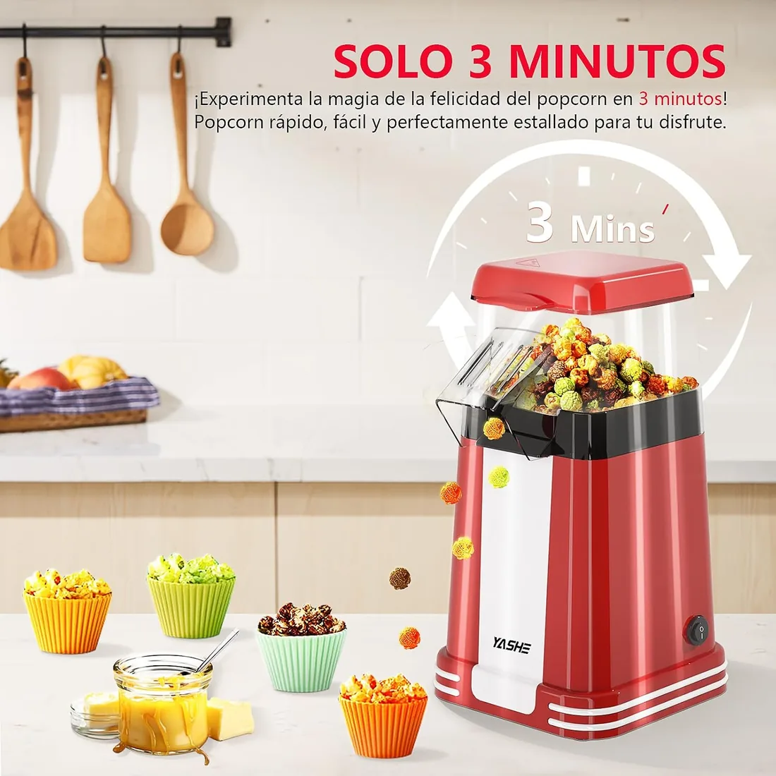 YASHE Máquina de Palomitas Retro, 1200 W Palomitero de Aire Caliente con Vaso Medidor, Un Toque, Sin Aceite, Perfecto para Cine en Casa, Noches de Película, Fiestas foto 3