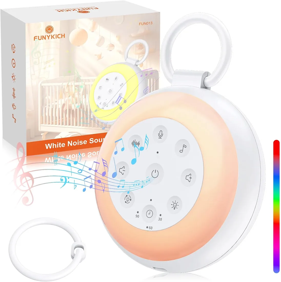 FUNYKICH Máquina de Ruido Blanco Portátil con 24 Sonidos Máquina de Domir para Bebé con Función de Memoria y Grabación Luz nocturna y Luz Coloridos Ajustable Batería Recargable para Bebé Niño o Adulto foto 3