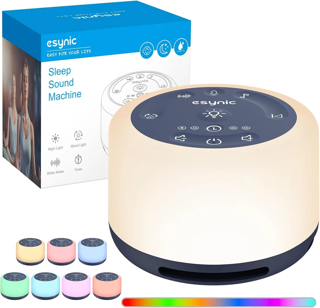 Máquina de Ruido Blanco eSynic Máquina de Sonido Portátil para Dormir para Bebé con 30 Tipos de Sonidos Relajantes, Luz Nocturna Ajustable,Temporizador, Batería incorporada de Gran Capacidad