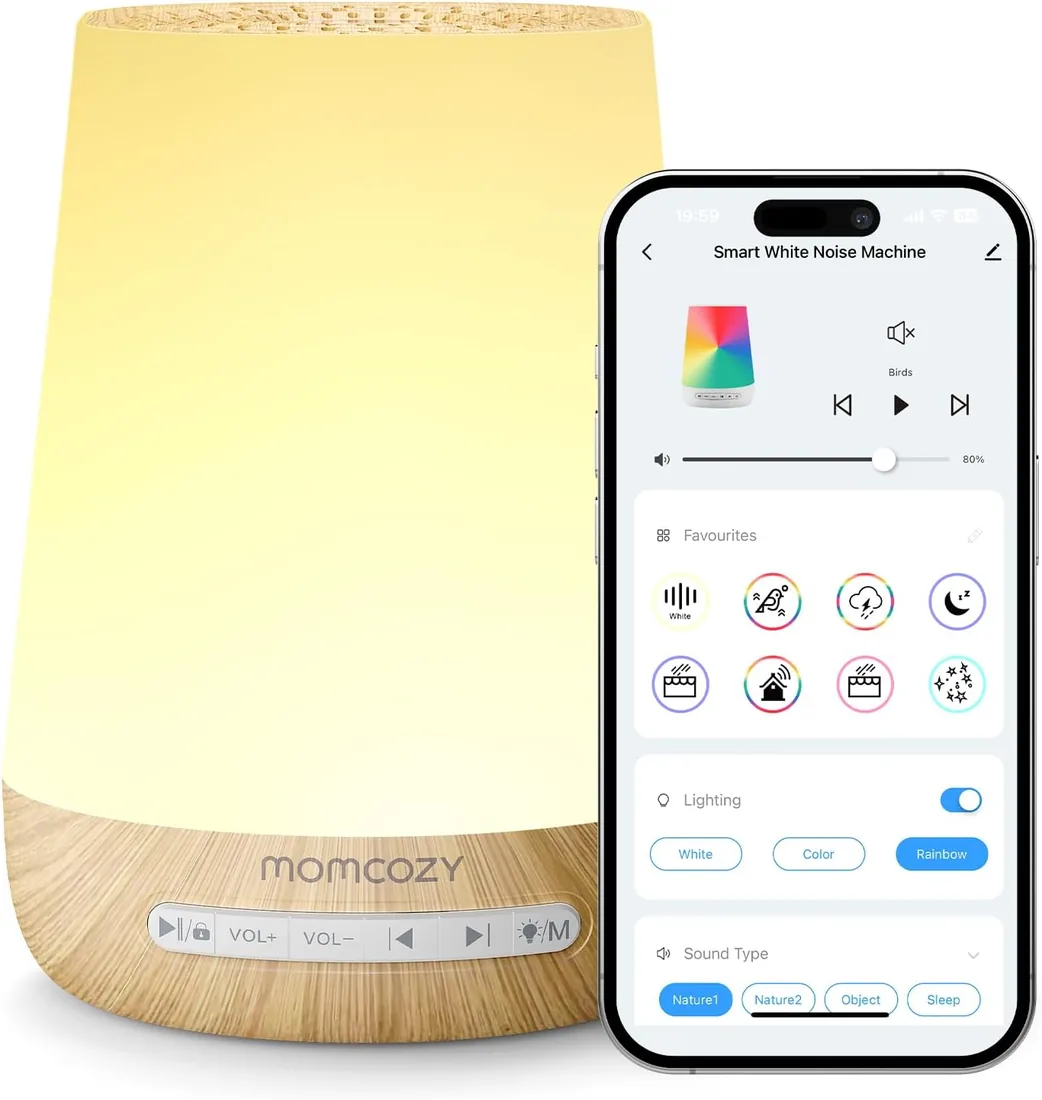 Momcozy Ruido Blanco para Bebés con 34 Sonidos Relajantes y Luz Nocturna | Maquina ruido blanco para bebés, niños y adultos, con entrenador de sueño, control de aplicaciones, temporizador