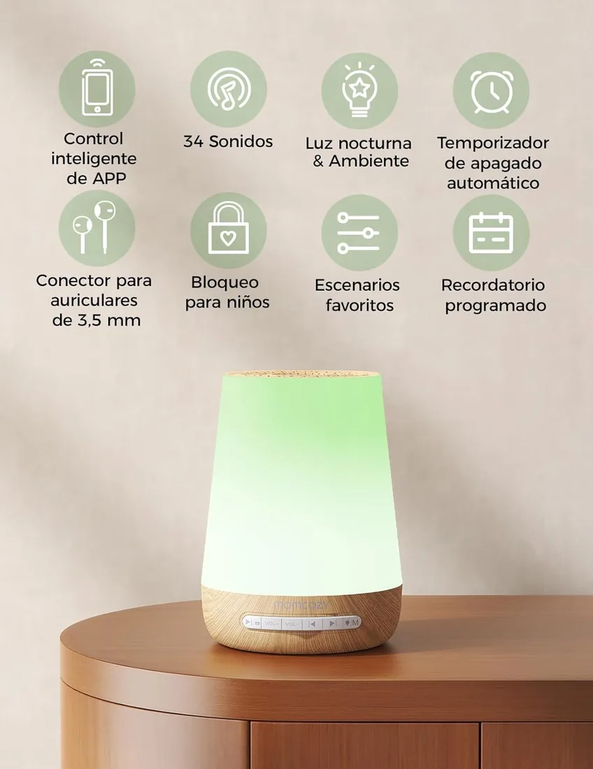 Momcozy Ruido Blanco para Bebés con 34 Sonidos Relajantes y Luz Nocturna | Maquina ruido blanco para bebés, niños y adultos, con entrenador de sueño, control de aplicaciones, temporizador foto 2