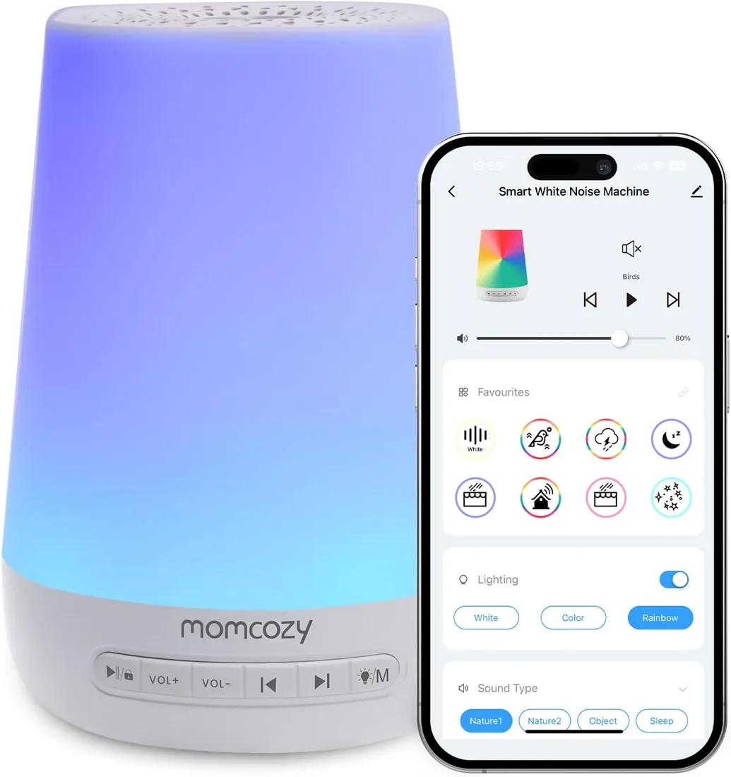 Momcozy Ruido Blanco para Bebés con 34 Sonidos Relajantes y Luz Nocturna | Maquina ruido blanco para bebés, niños y adultos, con entrenador de sueño, control de aplicaciones, temporizador foto 3
