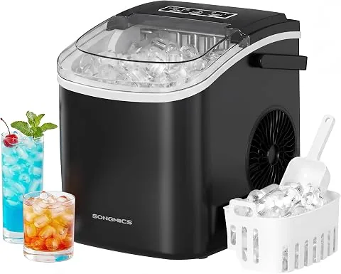SONGMICS Máquina de Hielo, Máquina de Cubitos Autolimpiante, 9 Cubitos en 6 Minutos en 2 Tamaños, 12 kg en 24 Horas, Portátil, Casa, Cocina, Oficina, Fiestas Camping, Negro Tinta XZB001B1EU